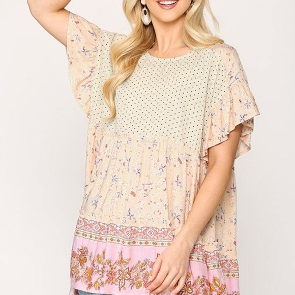 Gigio Cream Blush Dot Floral Mix Print Babydoll - Picture 2 of 7